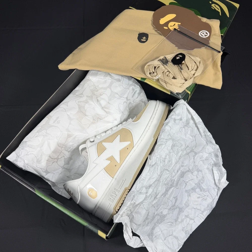 A Bathing Ape BAPE STA Beige White Patent Leather Sneakers 1K80191306 Mens 9 NEW